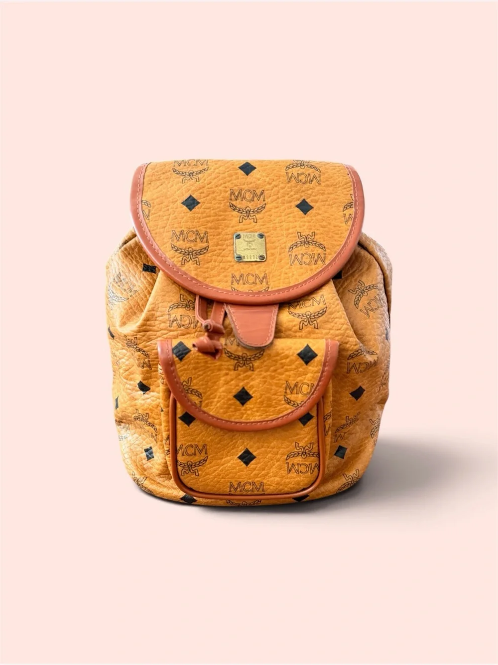 MCM Cognac Visetos Monogram Drawstring Backpack with Black Accents